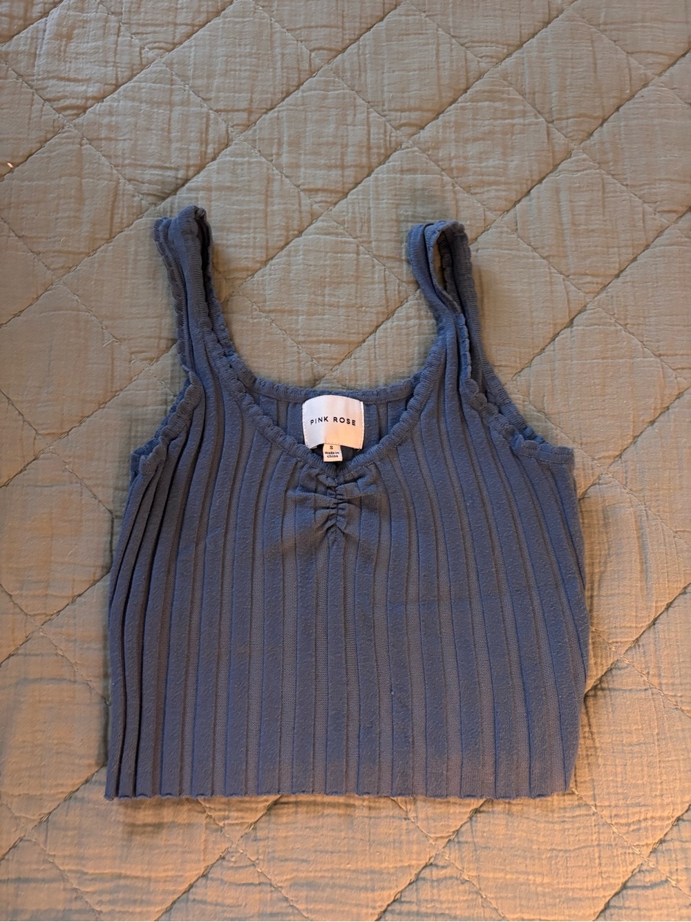 Pink Rose Ribbed Cropped Tank Top in Dusty Blue